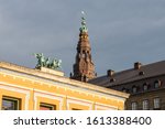 Rooftop of Thorvaldsens Museum and Christiansborg Palace tower in Copenhagen, Denmark