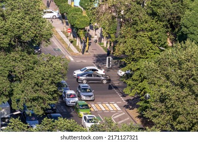 Rooftop View Of A Busy Crossroad In City Center Almaty. Almaty, Kazakhstan - July, 02, 2021