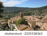Rooftop view of the village of Moustiers-Sainte-Marie (Chapelle Notre-Dame de Beauvoir) , Digne-les-Bains, Hautes-Alpes, Provence-Alpes-Cote d