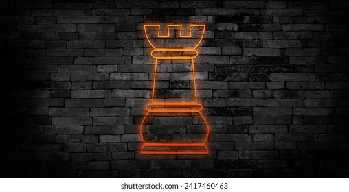 Rook, castle, tower icon. Yellow, orange, red neon icon at dark reddish background. Illumination. Illustration. - Powered by Shutterstock