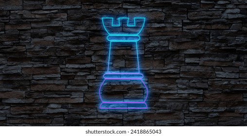 Rook, castle, tower icon. Yellow, orange, red neon icon at dark reddish background. Illumination. Illustration. - Powered by Shutterstock