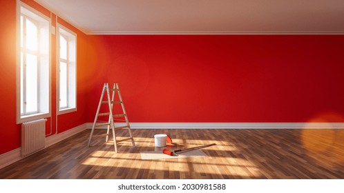 Room After Renovation With Ladder And Paint Bucket. Empty Red Wall, Banner Size, With Copyspace For Your Individual Text.