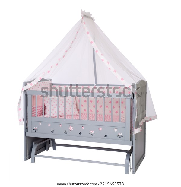 room for baby, bedding, pillow and quilt\
blanket, bright interiors, accessories, white baby crib with canopy\
isolated on white\
background