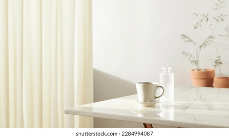 A room with a calm atmosphere, with clay pots placed
in front of the wall and curtains letting in natural light.
Glass bottles, coffee, and various objects on a marble
table. - Powered by Shutterstock