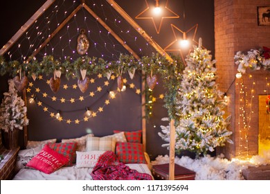 Room Christmas Tree Fireplace Lights Xmas Stockfoto Jetzt