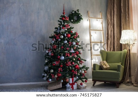 room with Christmas decorations Christmas tree gifts