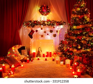 Room Christmas Tree Fireplace Lights, Xmas Home Interior Decoration, Hanging Sock And Present Toys