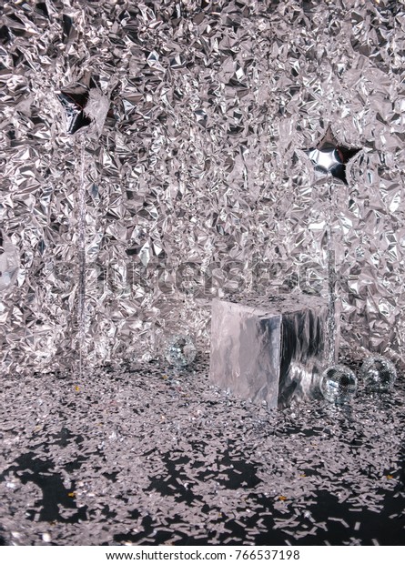 Room Decorated Party Silver Confetti Everywhere Stock Image