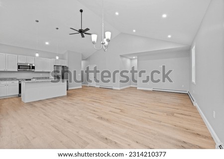 The room features a spacious kitchen with hardwood floors in a light gray color