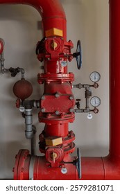 Room Fire suppression system installation with a alarm check valve. Fire suppression system and fire equipment Room.