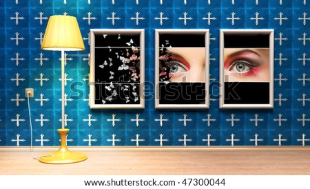 room with framed eye and  stand lamp