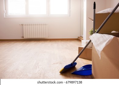 Room Full Of Box Containers And Stuff For Cleaning. Move, Packing And Unpacking.