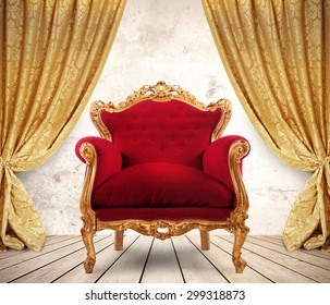 Room with golden curtains and royal armchair - Shutterstock ID 299318873
