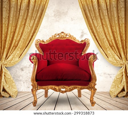 Room with golden curtains and royal armchair