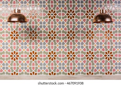 Room Interior And Decoration With Copper Lamps And Moroccan Style Wall Tiles.