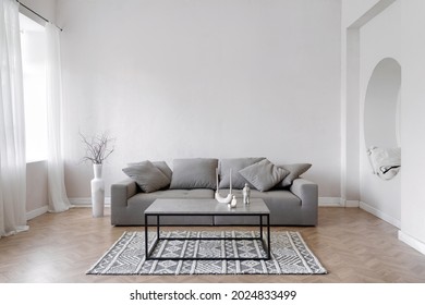 Room interior, modern home design with furniture. Grey sofa at white apartment, living room in simple style. Scandinavian flat with stylish minimal decor, space for relax.