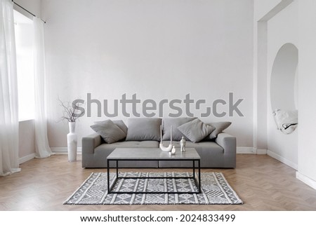 Room interior, modern home design with furniture. Grey sofa at white apartment, living room in simple style. Scandinavian flat with stylish minimal decor, space for relax.