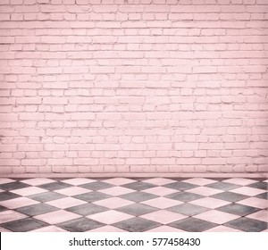 Room Interior With Pink Brick Wall And Tiled Floor