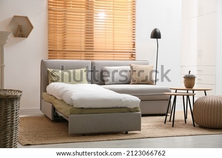 Room interior with sleeper sofa near window