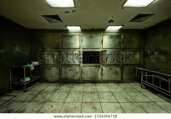 Room look scary, similar to\
used by the hospital to collect dead body, wait for religious\
ceremony or medical study was created for Halloween frightful\
Concept.