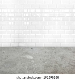 Room Perspective,white Ceramic Tile Wall And Cement Ground