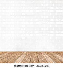 Room Perspective,white Ceramic Tile Wall And Wooden Ground, Mock Up Template For Display Of Product