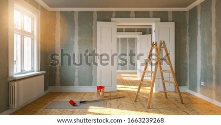 Room in renovation in elegant apartment for relocation with paint bucket and  Flattened drywall walls Foto stock © 