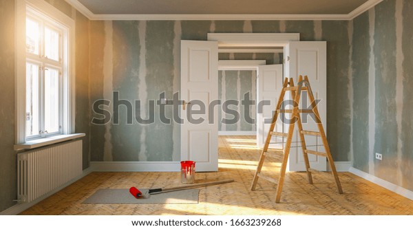 Room in renovation in\
elegant apartment for relocation with paint bucket and  Flattened\
drywall walls