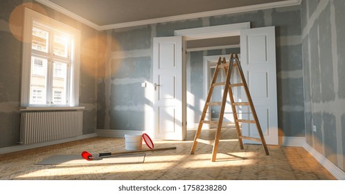 Room In Renovation In Elegant Old Apartment For Relocation With Paint Bucket And  Flattened Drywall Walls