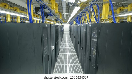 Room with rows of server hardware in data center timelapse hyperlapse. Modern equipment in special room