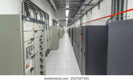 Room with rows of server hardware in data center timelapse hyperlapse. Modern equipment in power room