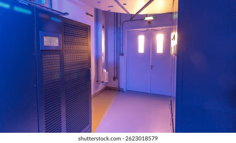 Room with rows of server hardware in data center timelapse hyperlapse. Modern equipment in power control room