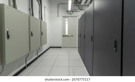 Room with rows of server hardware in data center timelapse hyperlapse. Modern equipment in power room
