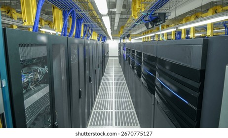 Room with rows of server hardware in data center timelapse hyperlapse. Modern equipment in special room