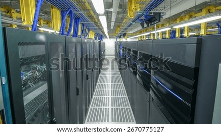 Room with rows of server hardware in data center timelapse hyperlapse. Modern equipment in special room