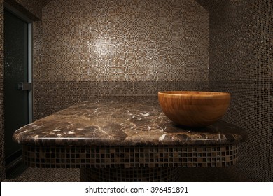 Room In The Turkish Bath With Beautiful Mosaic And Bowl For Spa Treatments.