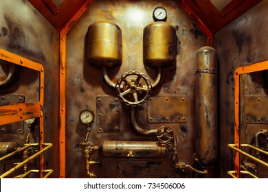 The room in vintage steampunk style with steam pipes and pressure gauge