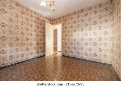 Room With Wallpaper Walls With Vintage Kitsch Flowers And Sintasol Floors Similar To Wooden Parquet