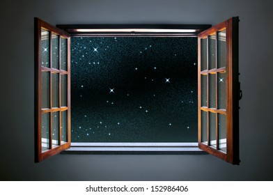 Room Window Wide Open To A Calm And Clear Starry Night Sky