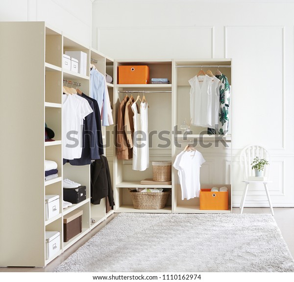 Room Wooden Shelves White Dresses Hanging Stock Image