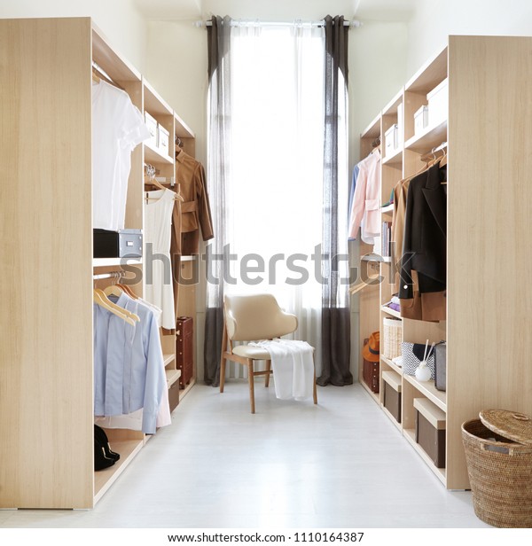 Room Wooden Shelves White Dresses Hanging Stock Photo Edit