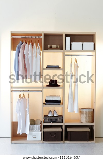 Room Wooden Shelves White Dresses Hanging Stock Photo Edit