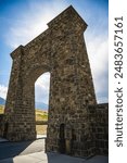 Roosevelt Arch, monumental stone arch built in 1903 at the north entrance to Yellowstone National Park, in Gardiner, Montana, USA