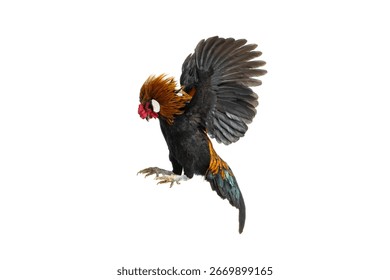 rooster in attacking flight isolated on white background