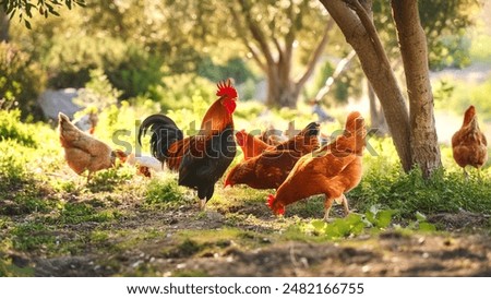 Roosters and hens foraging in a lush, sunlit farm environment, showcasing sustainable and ethical farming practices. With green nature, trees, remembering the village and mountains area for farming.