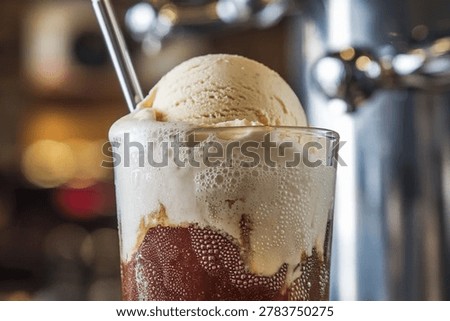 Root Beer Float : Classic American root beer float featuring creamy vanilla ice cream scooped into fizzy root beer, creating a frothy nostalgic soda fountain treat with rich sweetness and refreshing carbonation