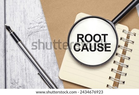 Root cause analysis concept with magnifying glass over notepad on wooden table. Critical thinking and diagnostic process in business management
