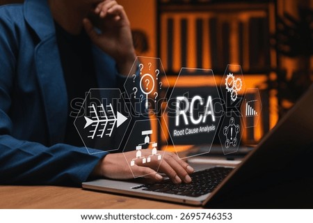 Root Cause Analysis (RCA) concept. Businesswoman analyzing data using root cause analysis on laptop, visualizing workflow, problem-solving process for quality improvement and effective decision making