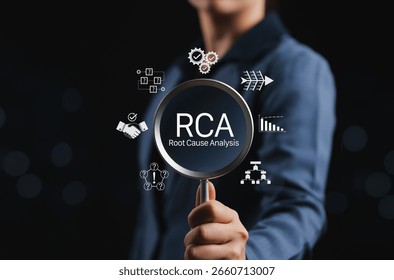 Root Cause Analysis RCA Process for Problem Solving and Improvement. Person holds magnifying glass with RCA icons, systematic investigation, quality management, and strategic methods. business process