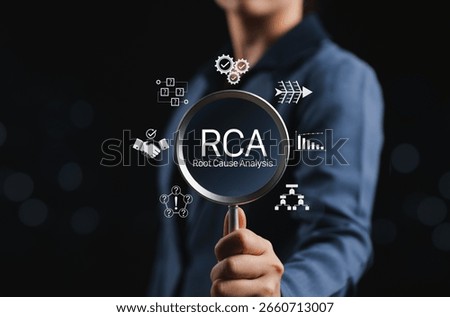 Root Cause Analysis RCA Process for Problem Solving and Improvement. Person holds magnifying glass with RCA icons, systematic investigation, quality management, and strategic methods. business process